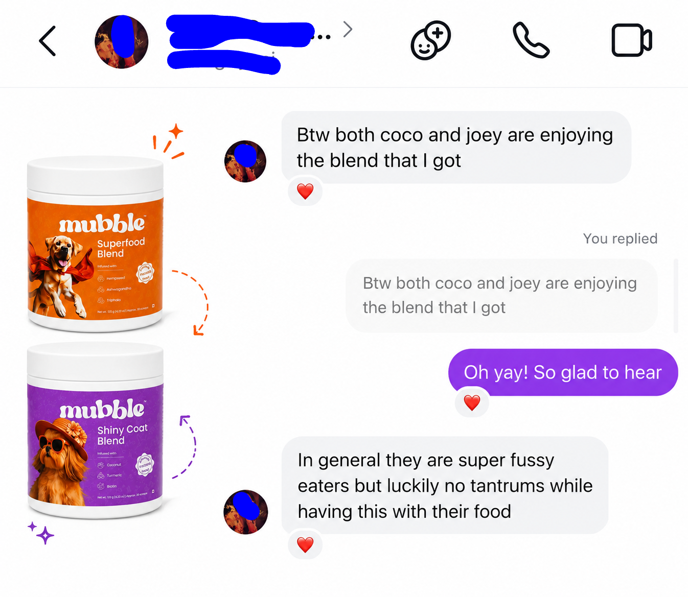 Chat interface with mubble pet supplement containers and user comments.