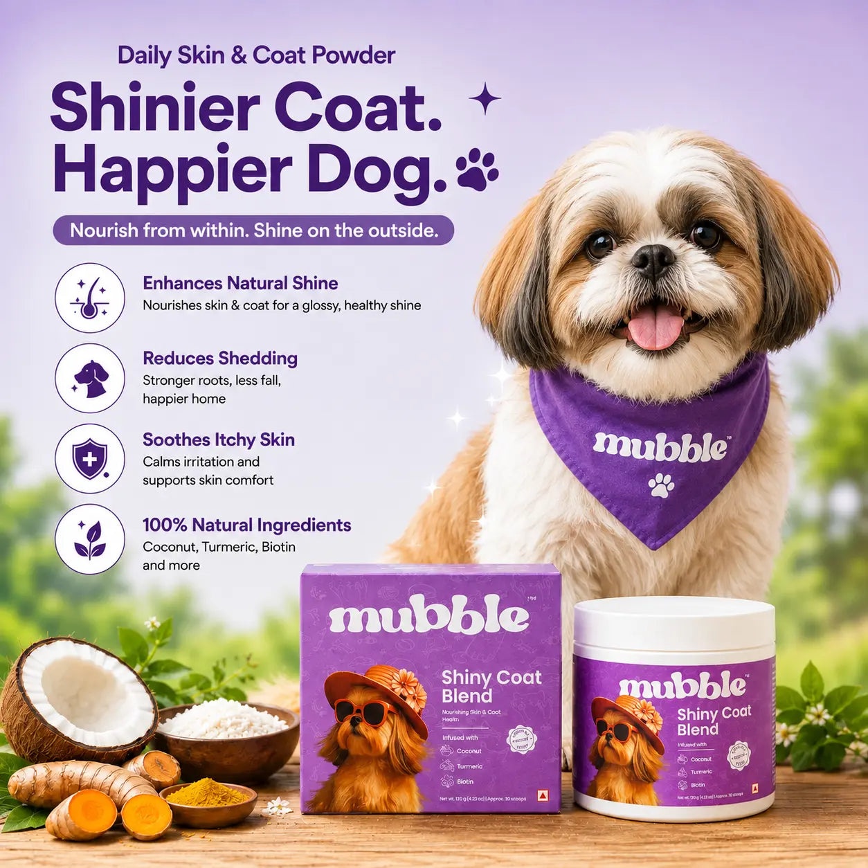 Mubble Shiny Coat Blend dog supplement packaging shown with a golden retriever wearing a purple bandana on a wooden surface, alongside product box, jar, ingredients, and benefit callouts on a purple background.
