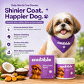 Mubble Shiny Coat Blend dog supplement packaging shown with a golden retriever wearing a purple bandana on a wooden surface, alongside product box, jar, ingredients, and benefit callouts on a purple background.