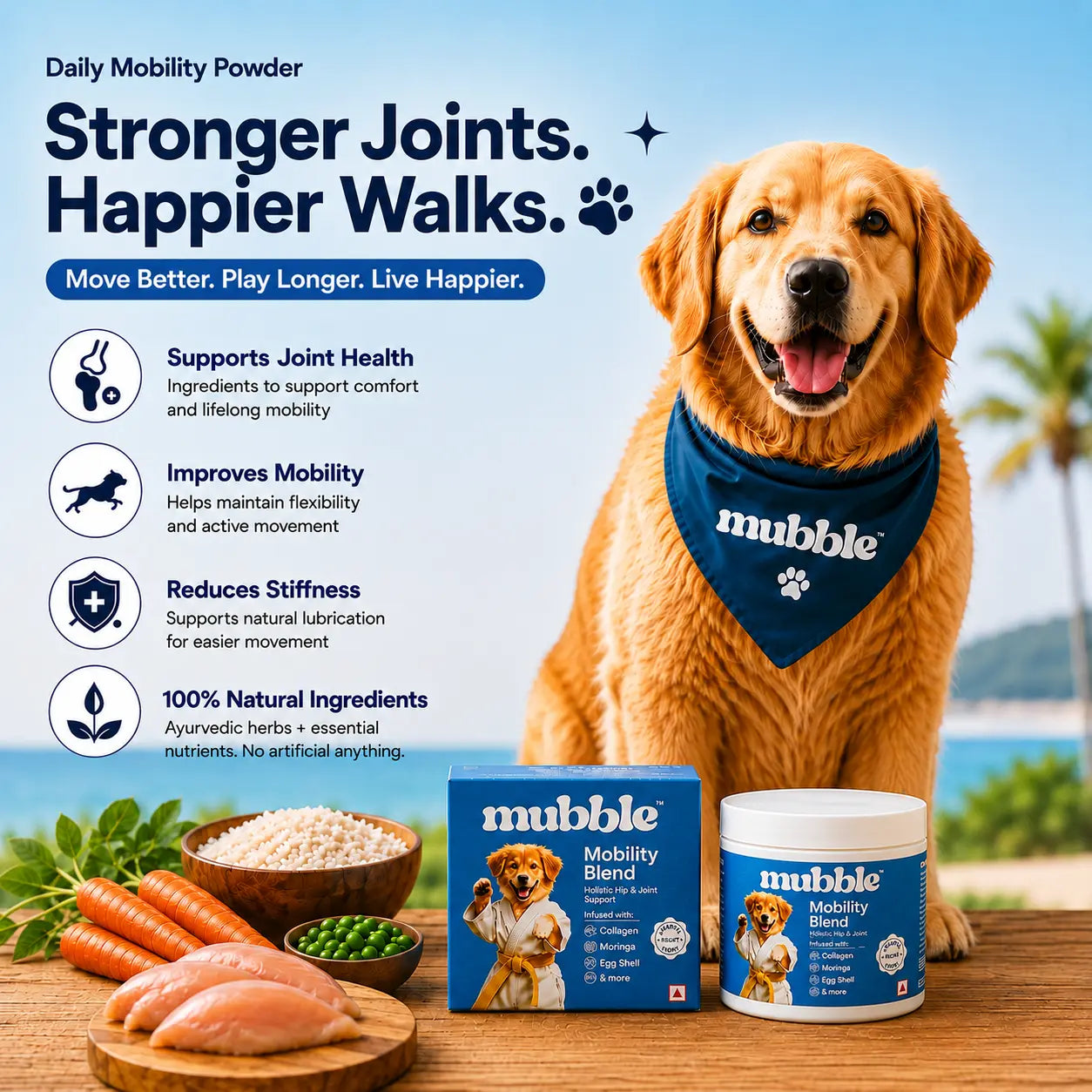 Golden retriever wearing a navy bandana with the brand name 'mubble' on a wooden deck, with product packaging boxes and jars shown in front along with benefit callouts and ingredients.