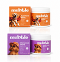 Mubble pet supplement products with dog illustrations on a white background