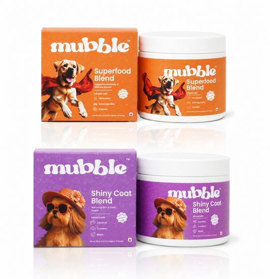 Mubble pet supplement products with dog illustrations on a white background