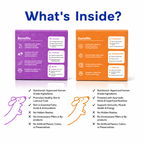 Two product boxes with benefits listed, one purple and one orange, on a white background.