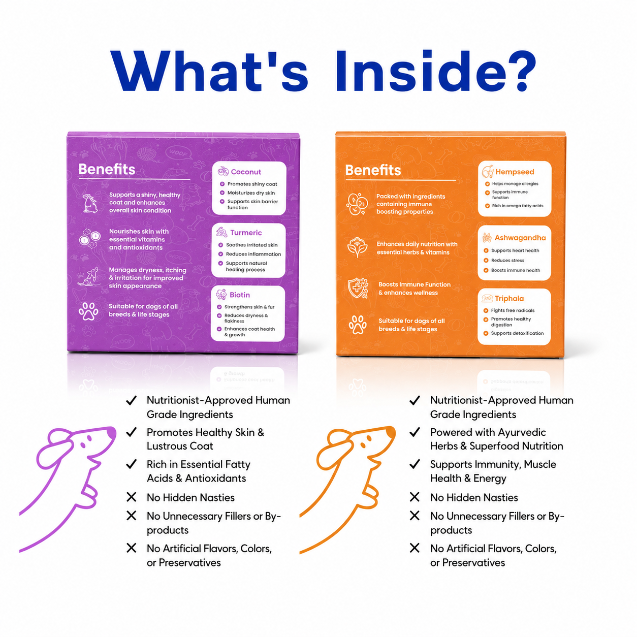 Two product boxes with benefits listed, one purple and one orange, on a white background.